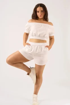 Linen Blend Pull On Short - White