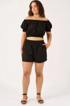Linen Blend Pull On Short - Black