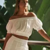 Linen Blend Shirred Bardot Crop Top - White
