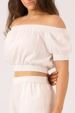 Linen Blend Shirred Bardot Crop Top - White