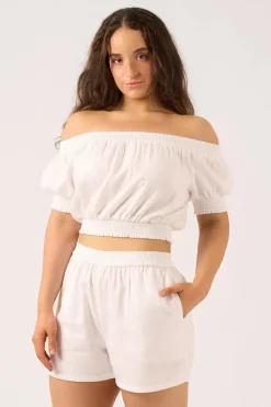 Linen Blend Shirred Bardot Crop Top - White