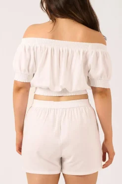 Linen Blend Shirred Bardot Crop Top - White