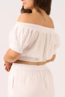 Linen Blend Shirred Bardot Crop Top - White