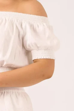 Linen Blend Shirred Bardot Crop Top - White