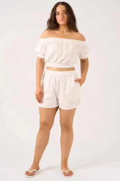 Linen Blend Shirred Bardot Crop Top - White