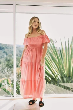 Linen Blend Shirred Ruffle Maxi Dress - Bubblegum Pink