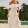 Linen Blend Shirred Ruffle Maxi Dress - White