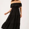Linen Blend Shirred Ruffle Maxi Dress - Black