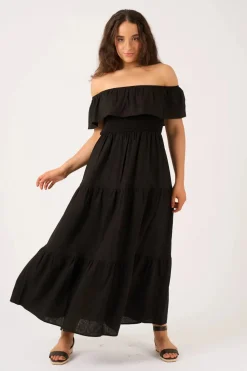 Linen Blend Shirred Ruffle Maxi Dress - Black