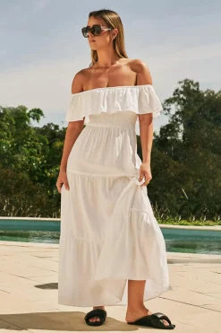 Linen Blend Shirred Ruffle Maxi Dress - White