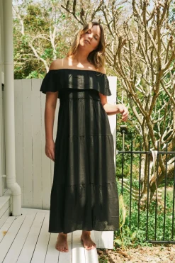Linen Blend Shirred Ruffle Maxi Dress - Black