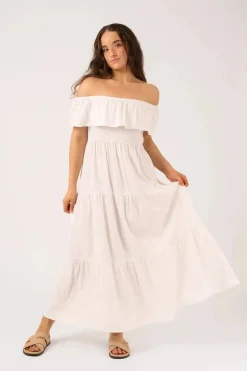 Linen Blend Shirred Ruffle Maxi Dress - White