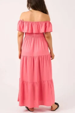 Linen Blend Shirred Ruffle Maxi Dress - Bubblegum Pink