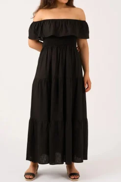 Linen Blend Shirred Ruffle Maxi Dress - Black