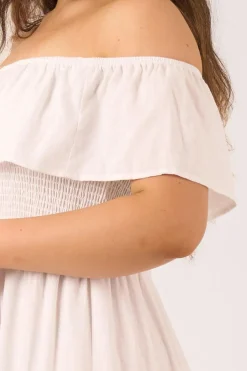 Linen Blend Shirred Ruffle Maxi Dress - White