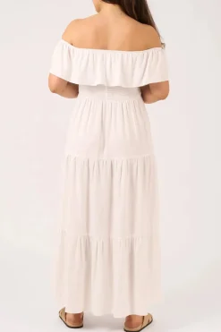 Linen Blend Shirred Ruffle Maxi Dress - White