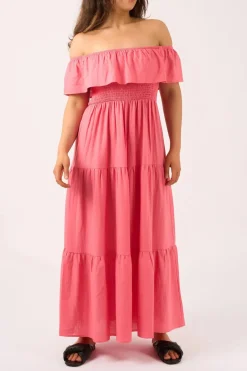 Linen Blend Shirred Ruffle Maxi Dress - Bubblegum Pink