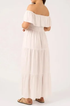 Linen Blend Shirred Ruffle Maxi Dress - White