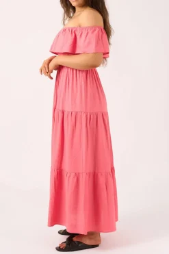 Linen Blend Shirred Ruffle Maxi Dress - Bubblegum Pink