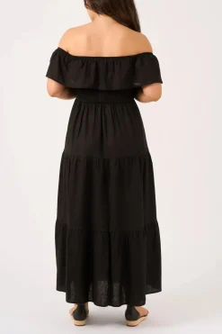 Linen Blend Shirred Ruffle Maxi Dress - Black