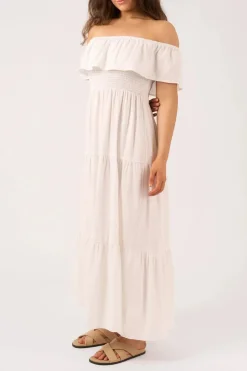 Linen Blend Shirred Ruffle Maxi Dress - White