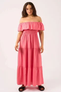 Linen Blend Shirred Ruffle Maxi Dress - Bubblegum Pink