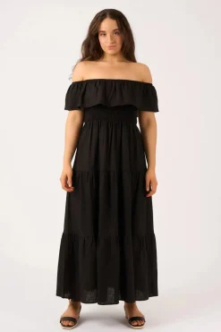 Linen Blend Shirred Ruffle Maxi Dress - Black