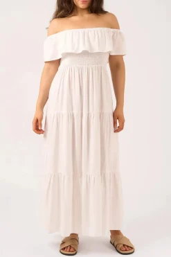 Linen Blend Shirred Ruffle Maxi Dress - White