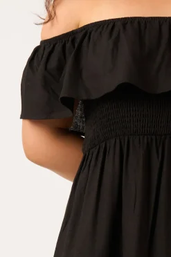 Linen Blend Shirred Ruffle Maxi Dress - Black