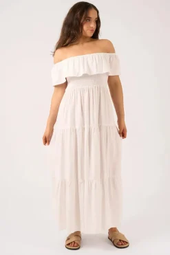Linen Blend Shirred Ruffle Maxi Dress - White