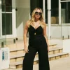 Linen Blend Twist Front Jumpsuit - Black