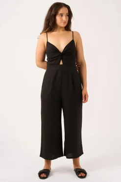 Linen Blend Twist Front Jumpsuit - Black