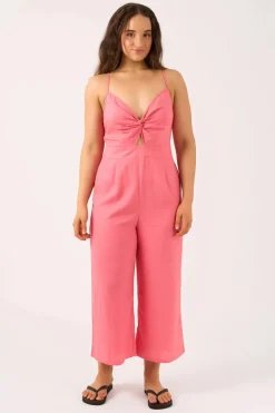 Linen Blend Twist Front Jumpsuit - Bubblegum Pink