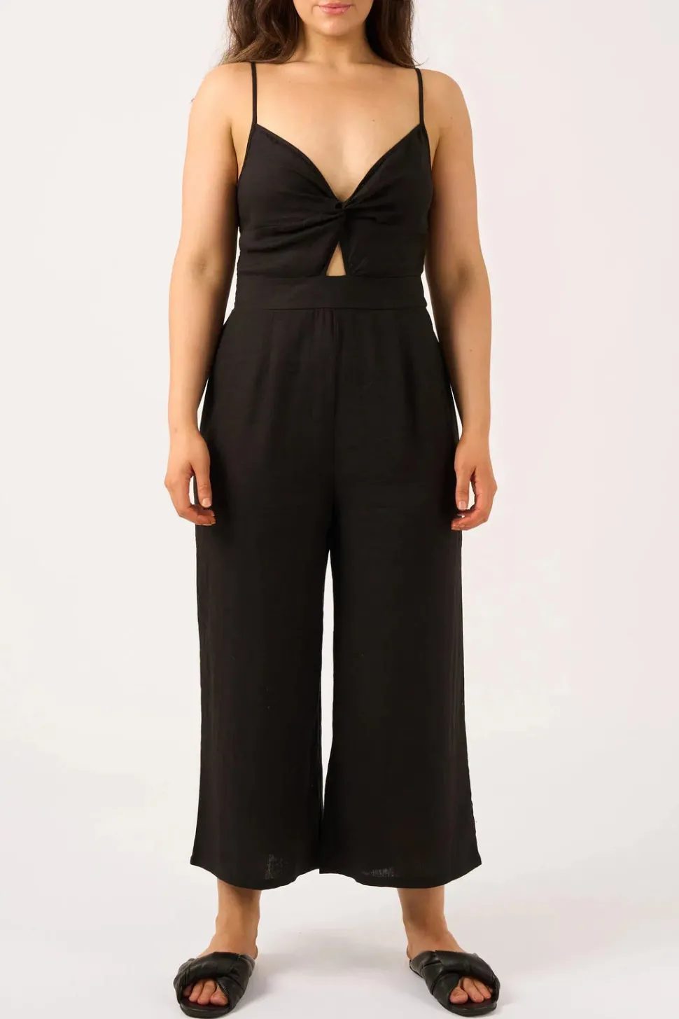 Linen Blend Twist Front Jumpsuit - Black