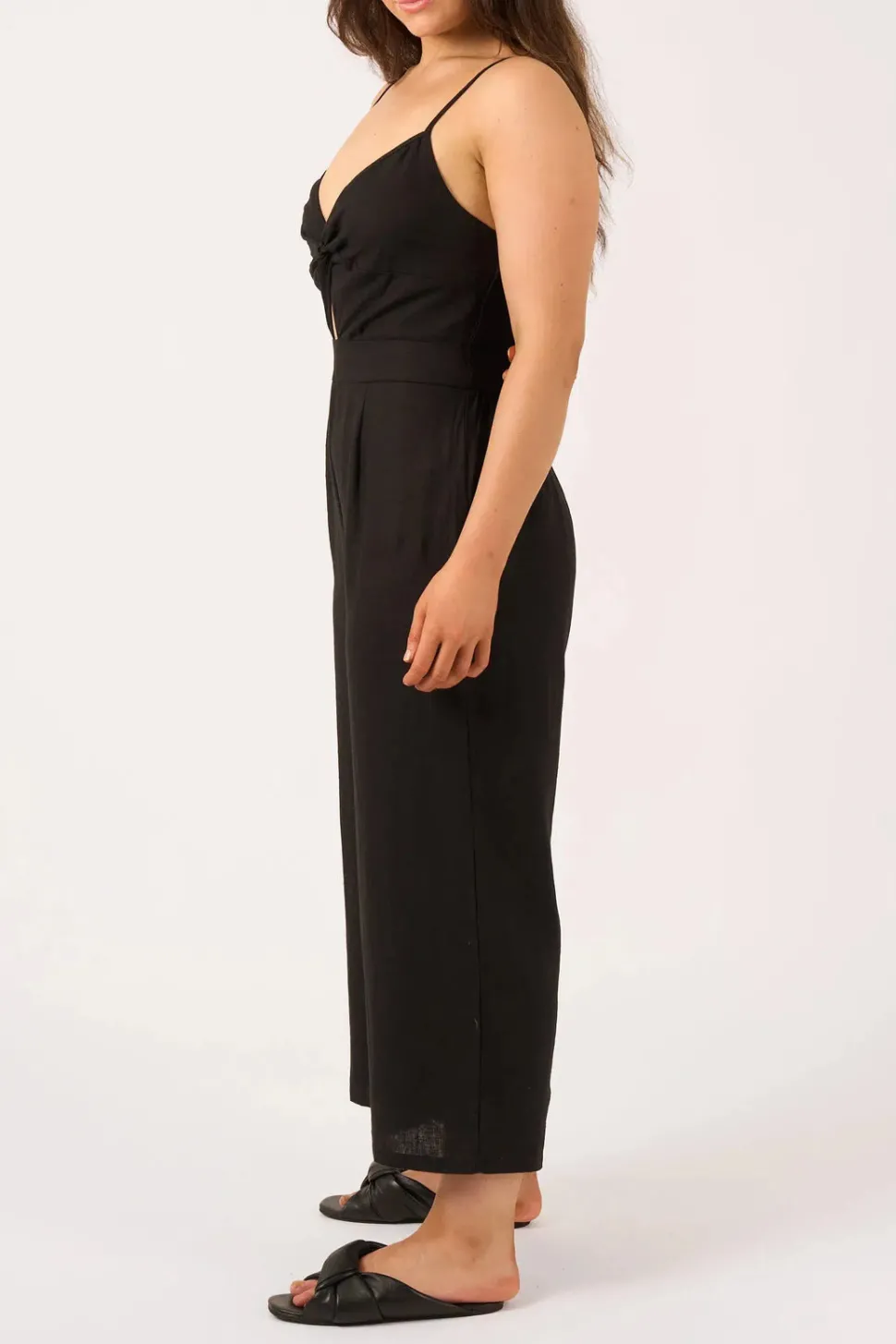 Linen Blend Twist Front Jumpsuit - Black