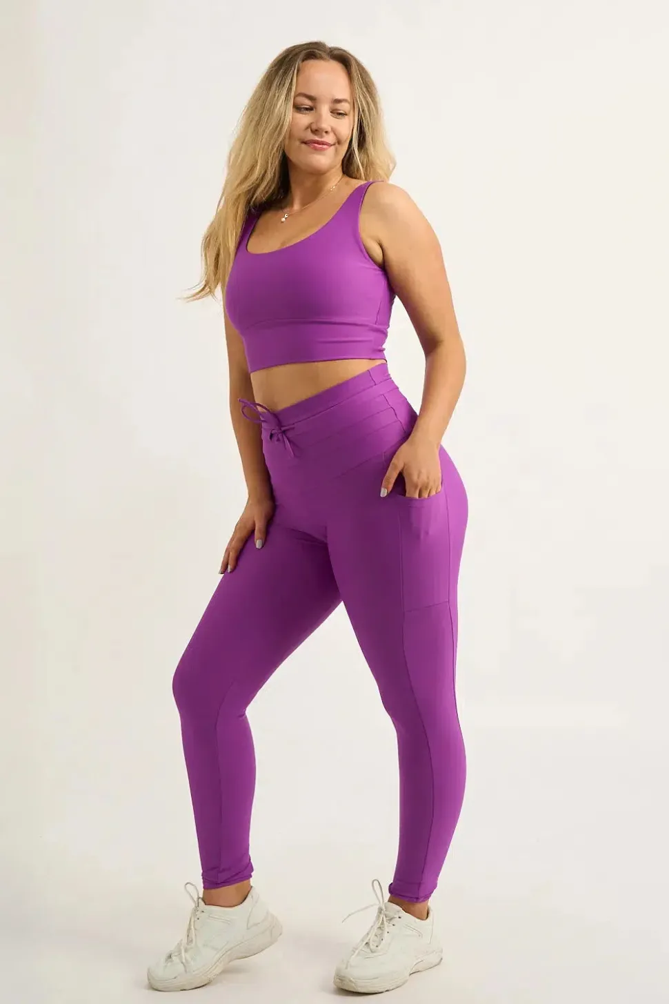 Purple Performance - Panel Pocket Drawstring High Waisted Leggings