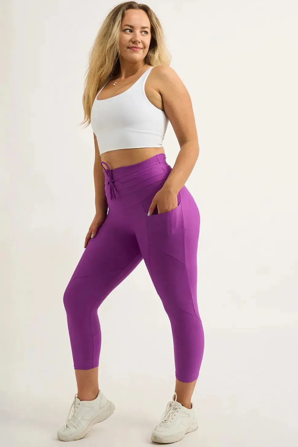 Purple Performance - Pocket Booty Shaper Drawstring Capri Leggings