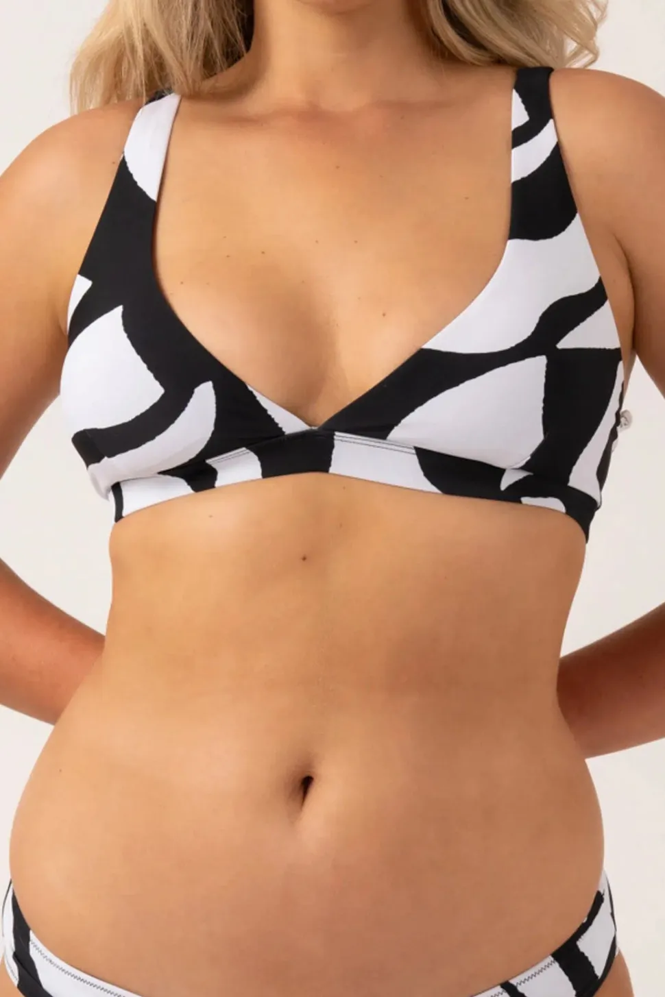 Silky Built Up Deep V Triangle Bikini Top - Black Geo Waves