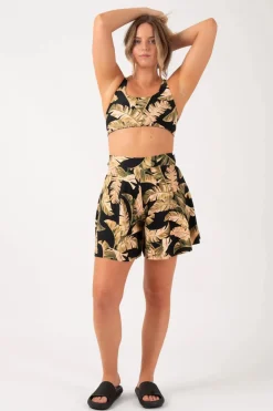 Silky Mini Palazzo Short - Black Tropical Leaf