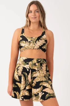 Silky Mini Palazzo Short - Black Tropical Leaf
