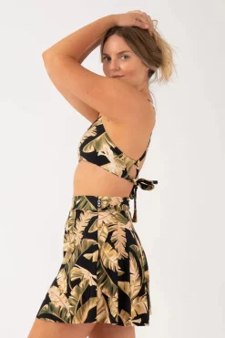Silky Mini Palazzo Short - Black Tropical Leaf