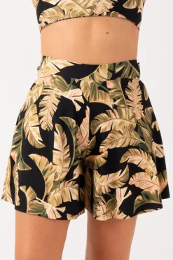 Silky Mini Palazzo Short - Black Tropical Leaf