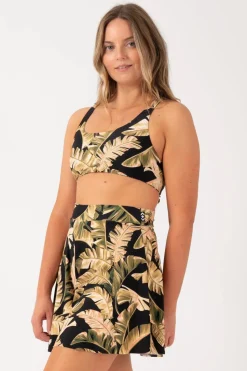 Silky Mini Palazzo Short - Black Tropical Leaf