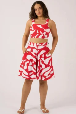 Silky Palazzo Short With Pocket - Red Geo Waves
