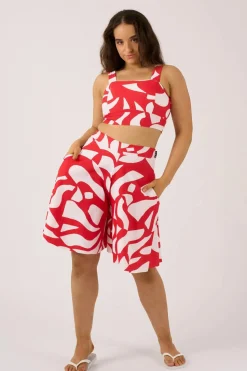 Silky Palazzo Short With Pocket - Red Geo Waves