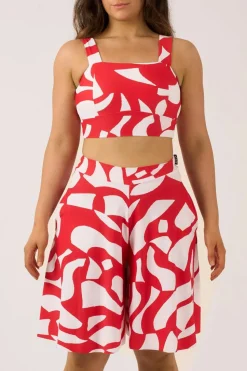 Silky Palazzo Short With Pocket - Red Geo Waves