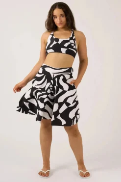 Silky Palazzo Short With Pocket - Black Geo Waves