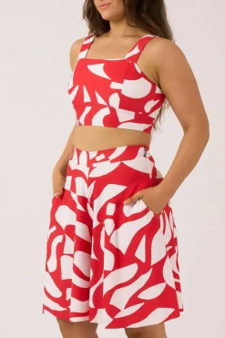 Silky Palazzo Short With Pocket - Red Geo Waves