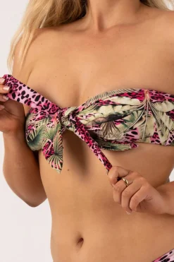 Silky Reversible Bandeau Bow Bikini Top - Pink Tropical Leopard