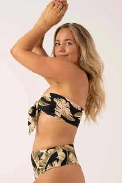 Silky Reversible Bandeau Bow Bikini Top - Black Tropical Leaf
